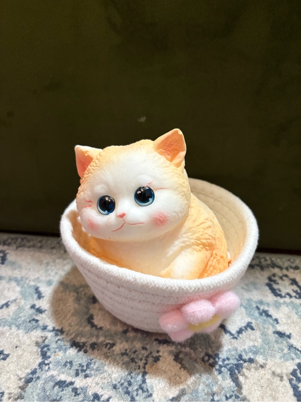 Cute Cream & White Cat Plush in Pink-Trimmed Basket